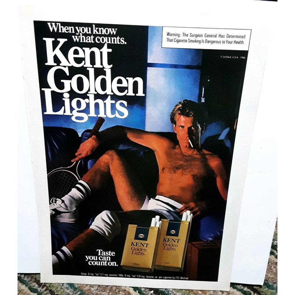 1984 Kent Cigarettes Man Shirtless w Tennis Racquet Original Print ad 80s
